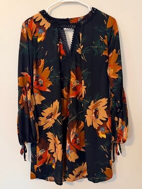 Umgee Black Tunic Dress with Mustard, Rust & Teal Floral Trim